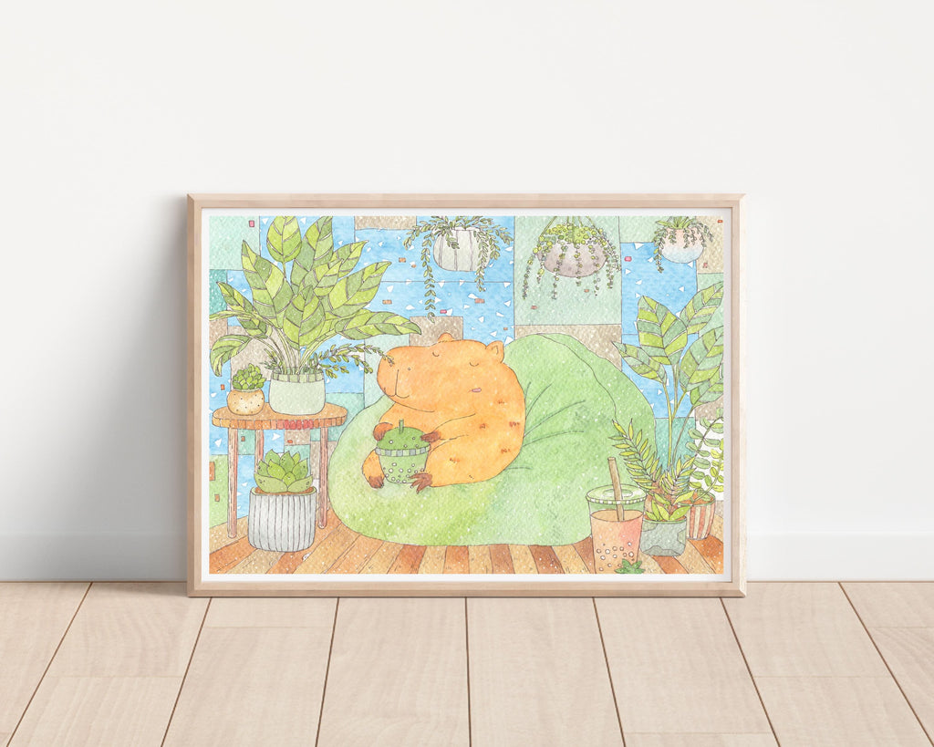 Capybara Enjoying Matcha Boba Tea on the Bean Bag Sofa - Chill Day Watercolor Art Print / illustration/ wall art