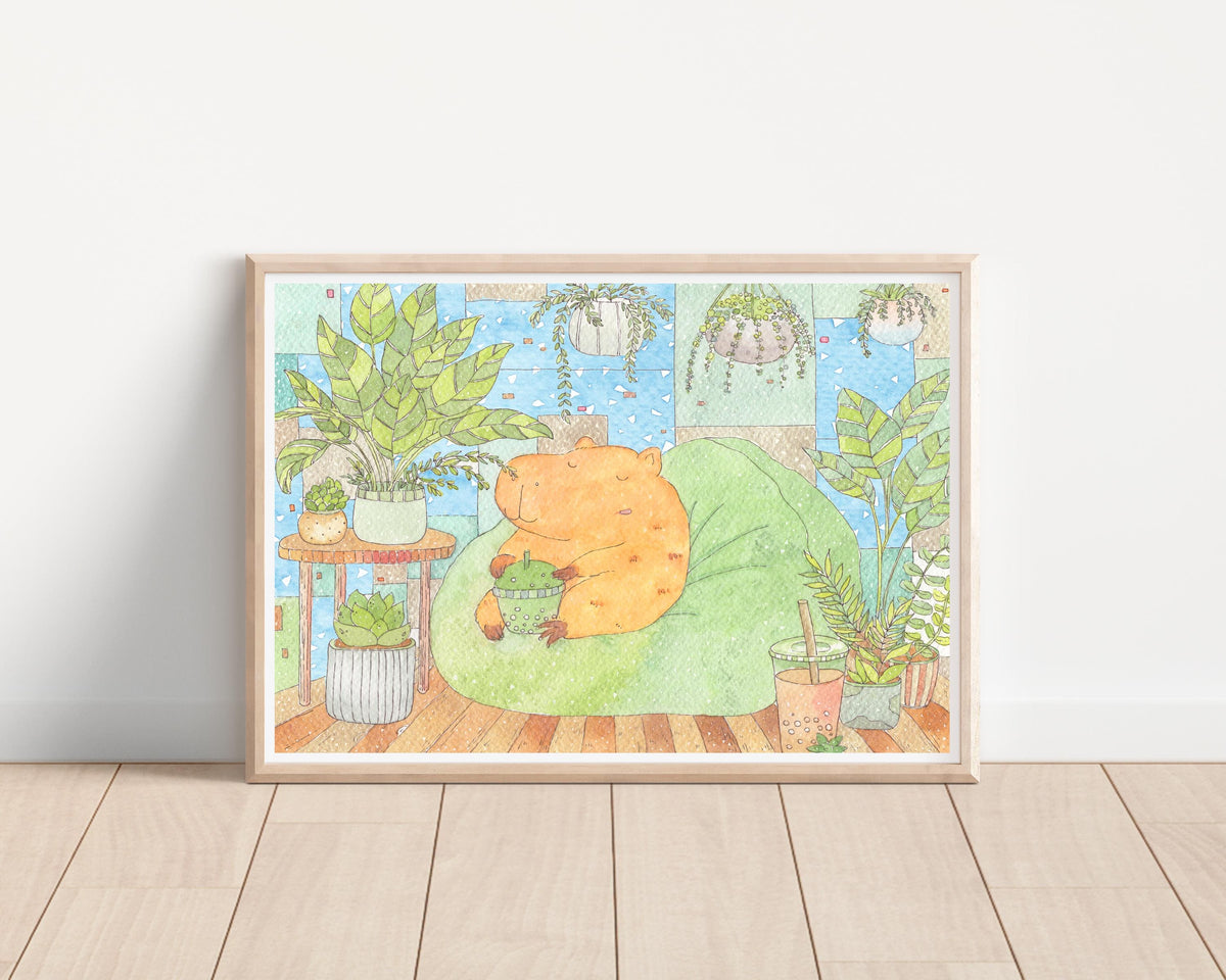 Capybara Enjoying Matcha Boba Tea on the Bean Bag Sofa - Chill Day Watercolor Art Print / illustration/ wall art
