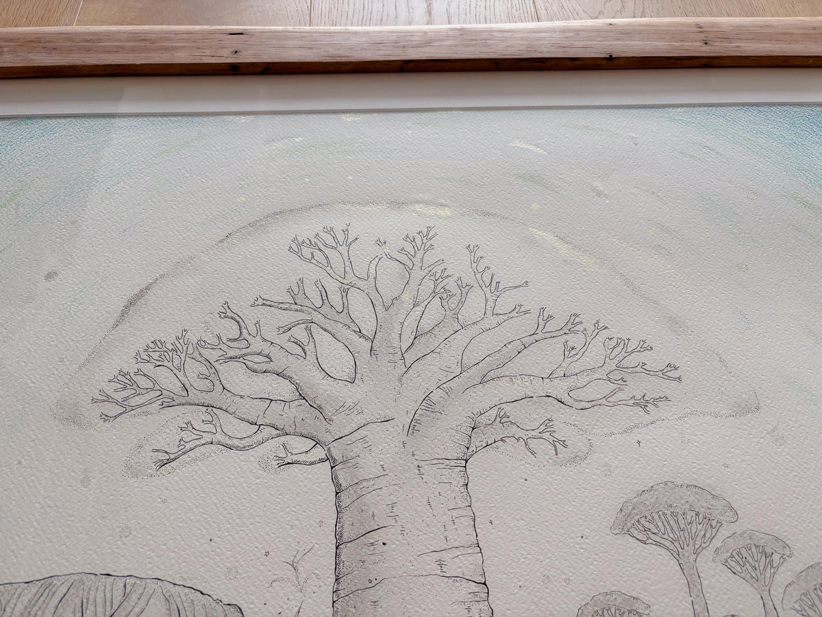 Whispers of the Baobab Tree – Original Watercolor Illustration | Uluru Landscape with Little Girl & Dimbao | Framed Nature Artwork