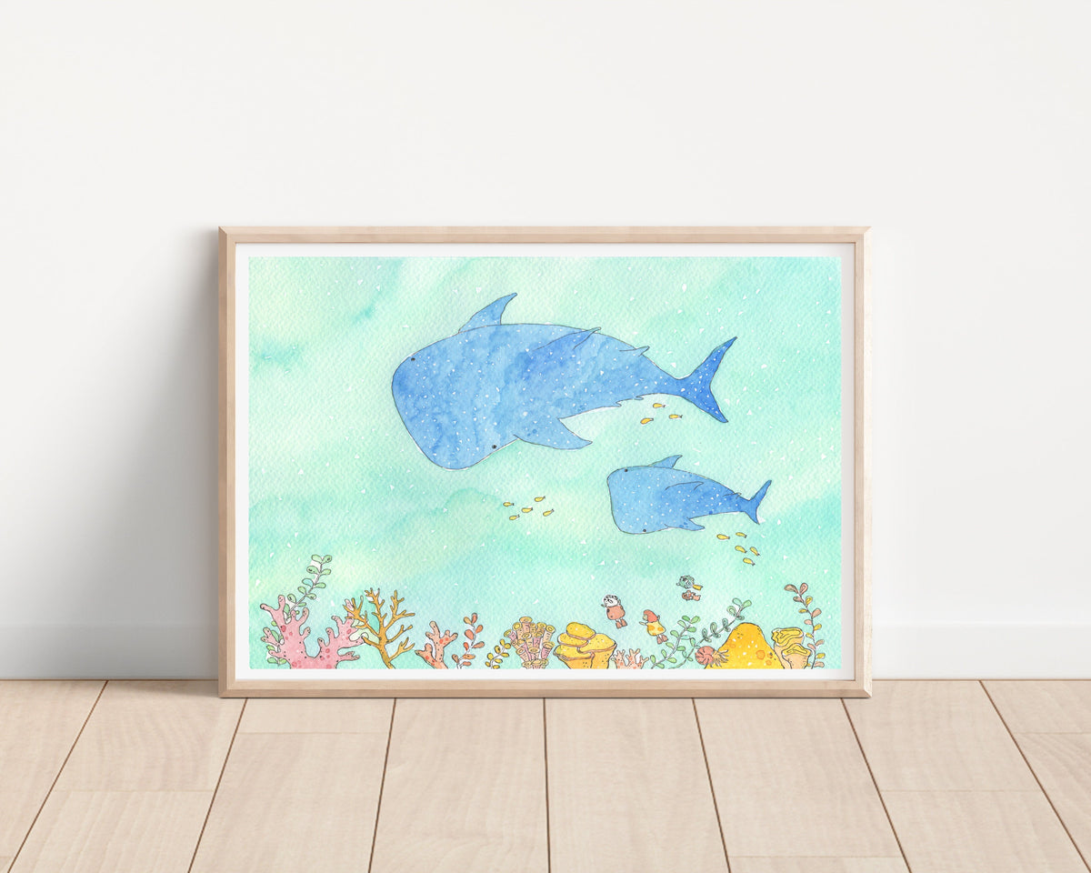 Swing with whale shark Art Print | Nursery Decor