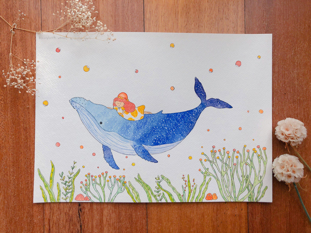 Humpback whale and little girl Art Print | Nursery Decor