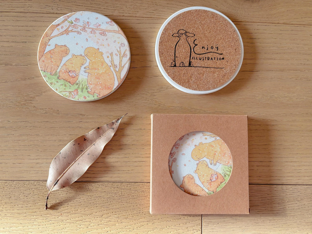 Capybara's Family with Cherry Blossom Travel Gift | Table Coaster