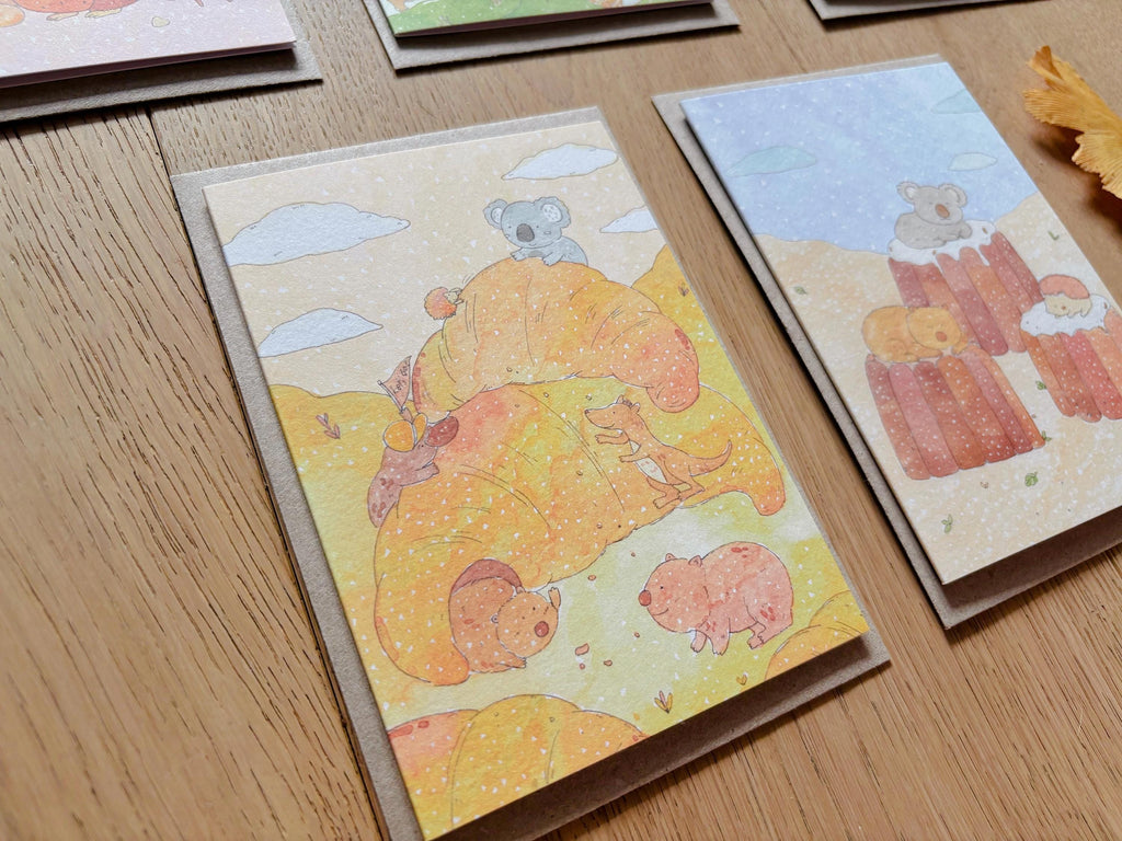 Sweet Dessert Animal Greeting Cards – Cute Koala & Capybara Illustration / Pastel Watercolor Card / Kawaii Gift / Set or Single Card