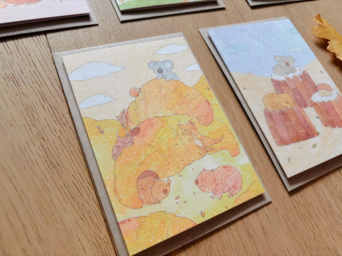 Sweet Dessert Animal Greeting Cards – Cute Koala & Capybara Illustration / Pastel Watercolor Card / Kawaii Gift / Set or Single Card