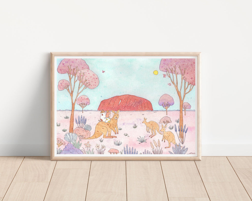 Uluru Kangaroo Journey/ Australian Whimsical Watercolor Art Print / watercolour / illustration/ wall art