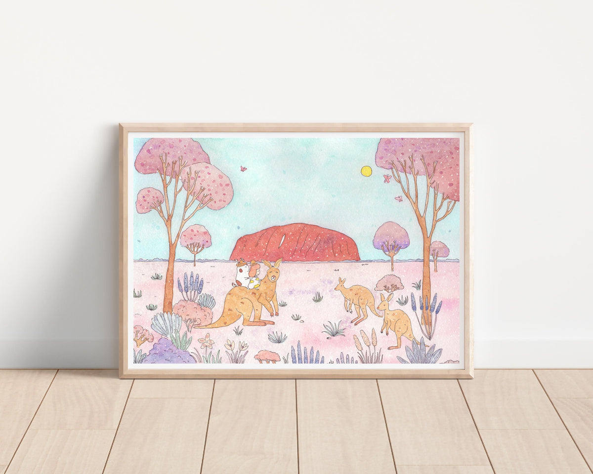 Uluru Kangaroo Journey/ Australian Whimsical Watercolor Art Print / watercolour / illustration/ wall art