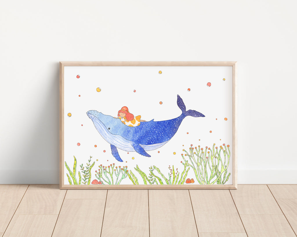 Little girl sail with humpback whale Art Print | Nursery Decor