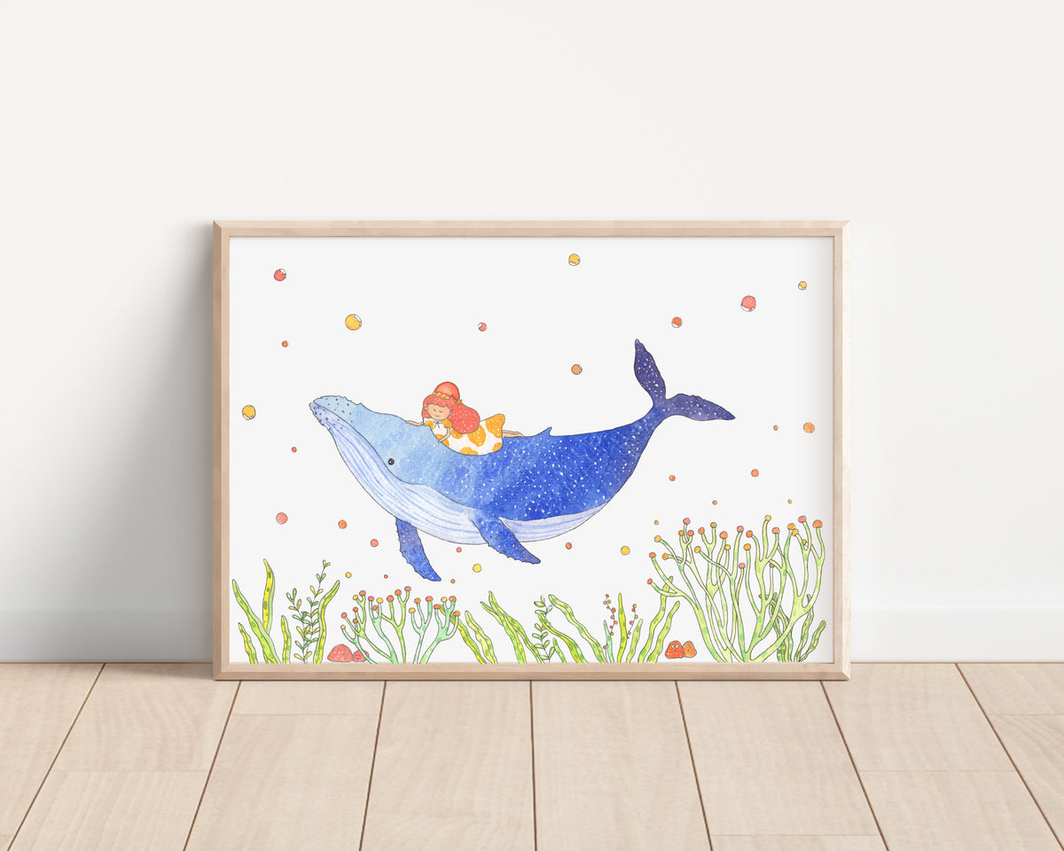 Little girl sail with humpback whale Art Print | Nursery Decor