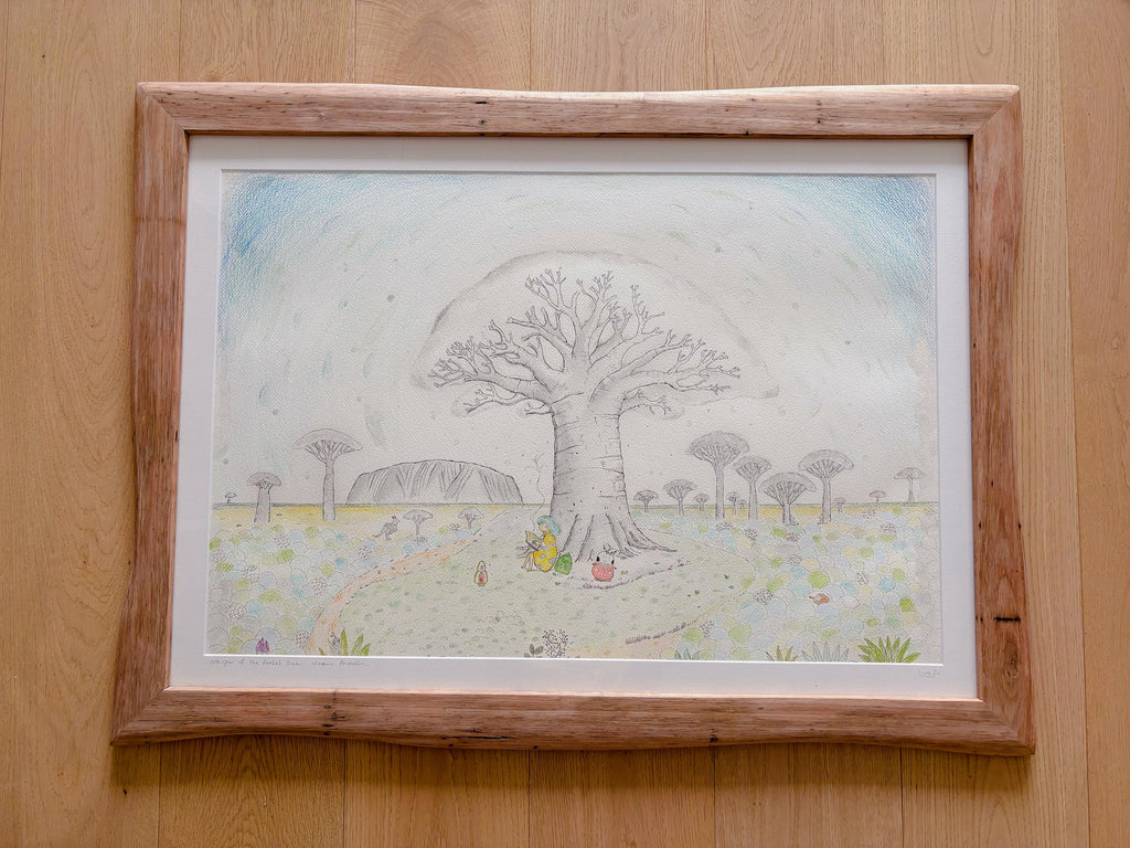 Whispers of the Baobab Tree – Original Watercolor Illustration | Uluru Landscape with Little Girl & Dimbao | Framed Nature Artwork