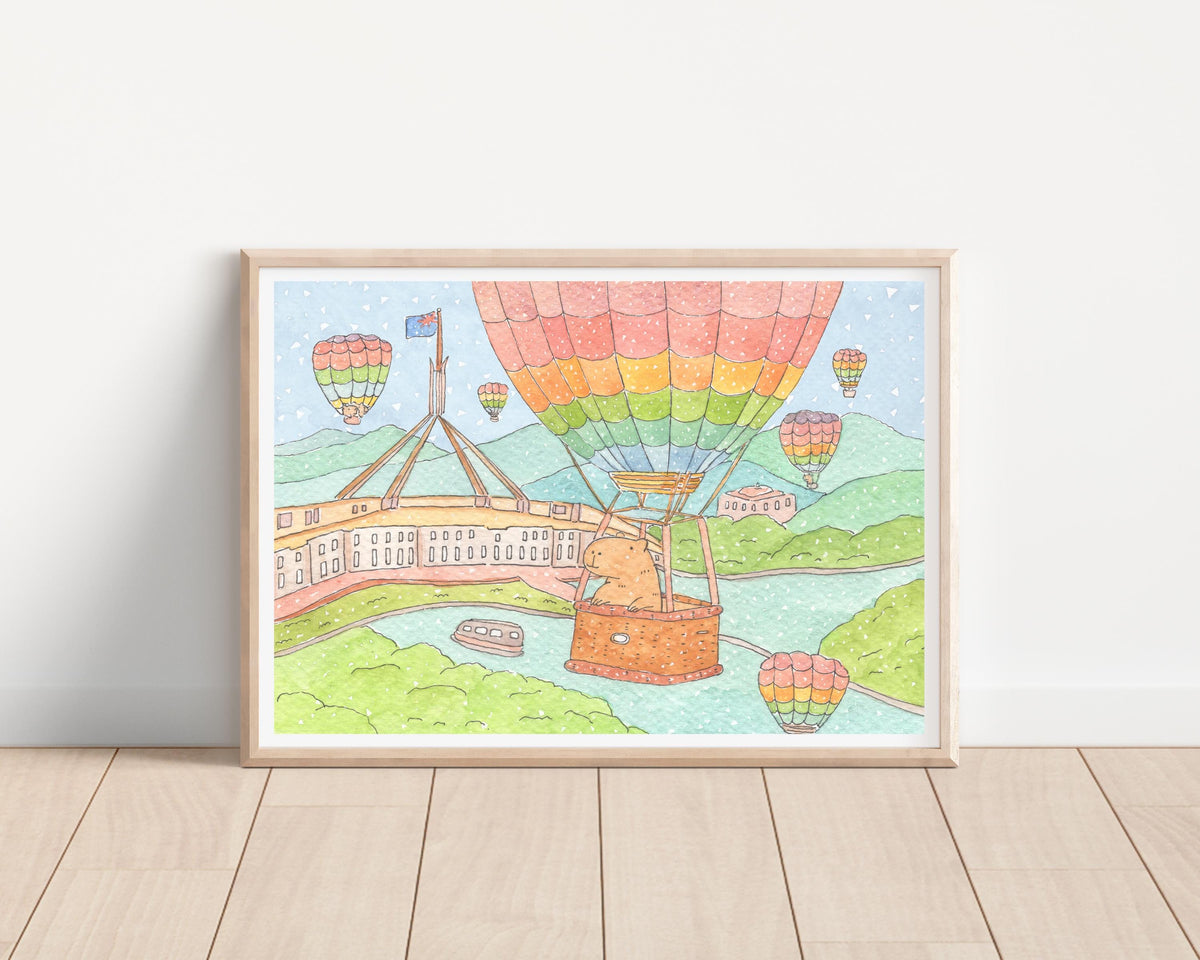 Capybara in a Hot Air Balloon, Canberra- Whimsical Watercolor Art Print / illustration/ wall art
