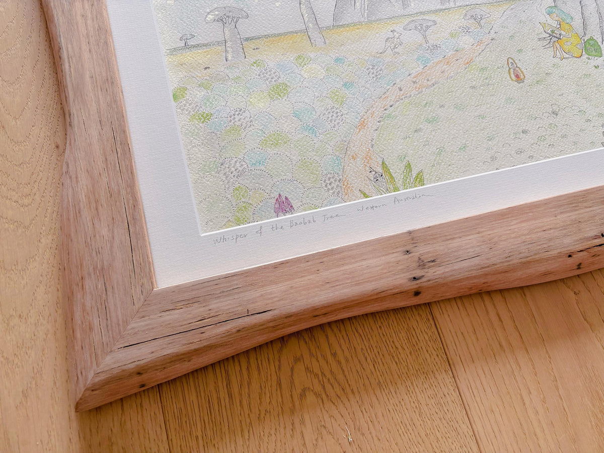 Whispers of the Baobab Tree – Original Watercolor Illustration | Uluru Landscape with Little Girl & Dimbao | Framed Nature Artwork