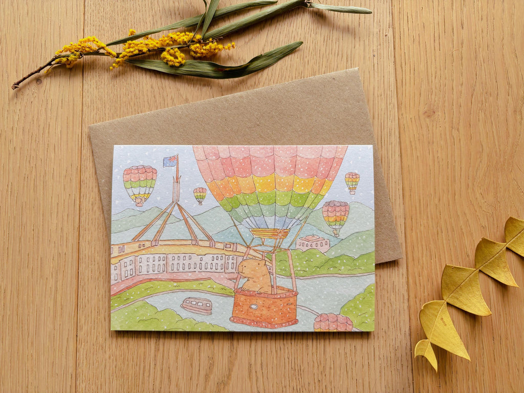 Capybara Hot Air Balloon Adventure Greeting Card | Art Cards