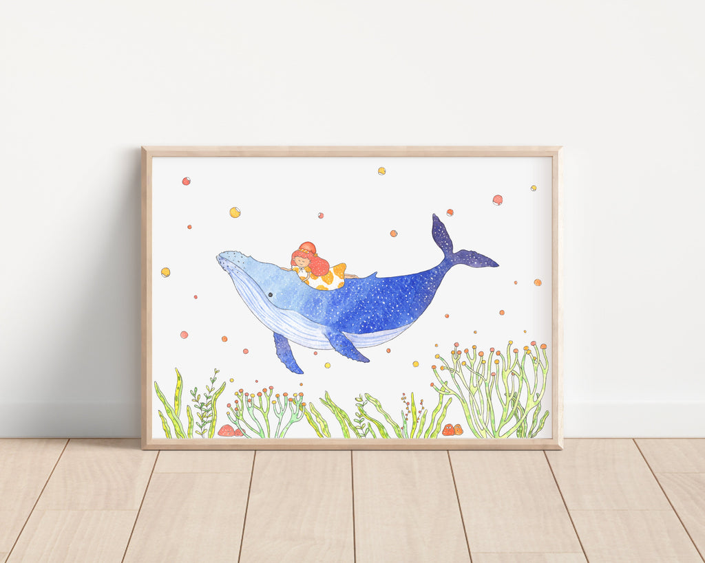 Humpback whale and little girl Art Print | Nursery Decor