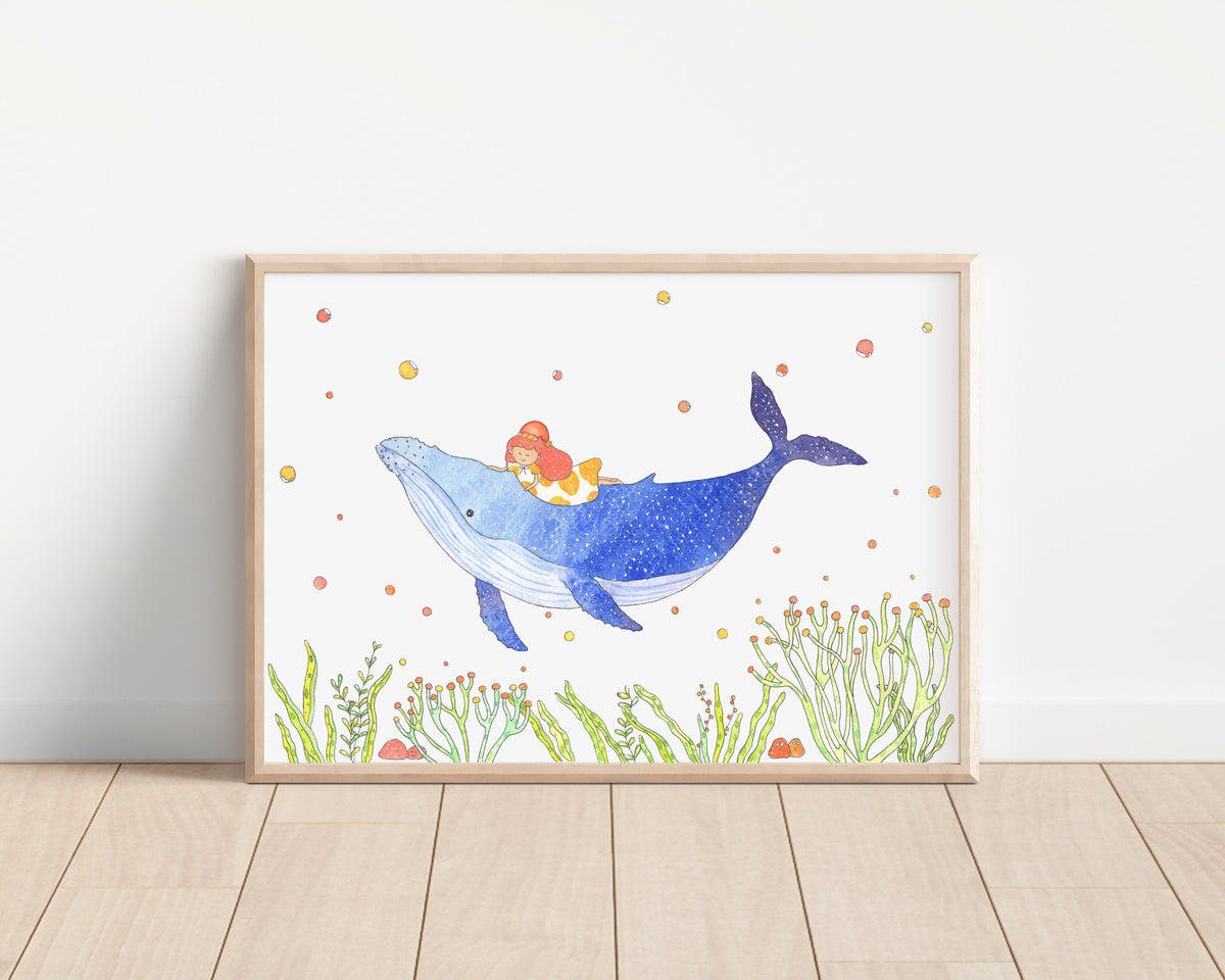 Humpback whale and little girl Art Print | Nursery Decor