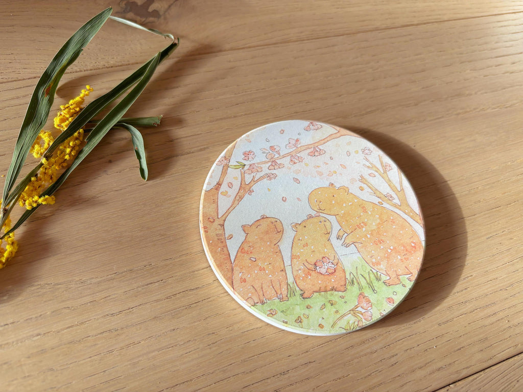 Capybara's Family with Cherry Blossom Travel Gift | Table Coaster