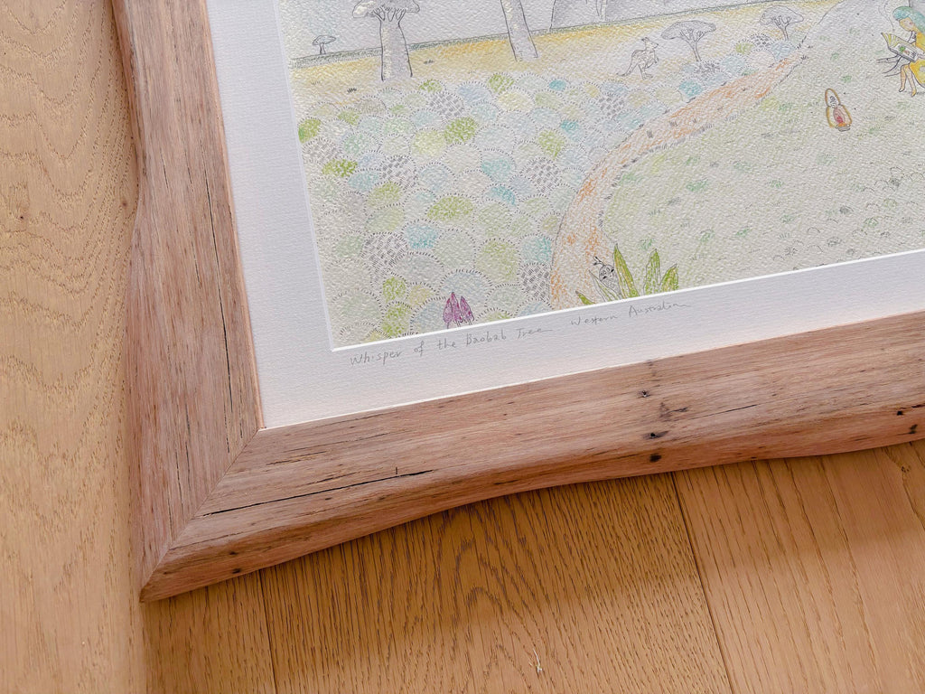 Whispers of the Baobab Tree – Original Watercolor Illustration | Uluru Landscape with Little Girl & Dimbao | Framed Nature Artwork
