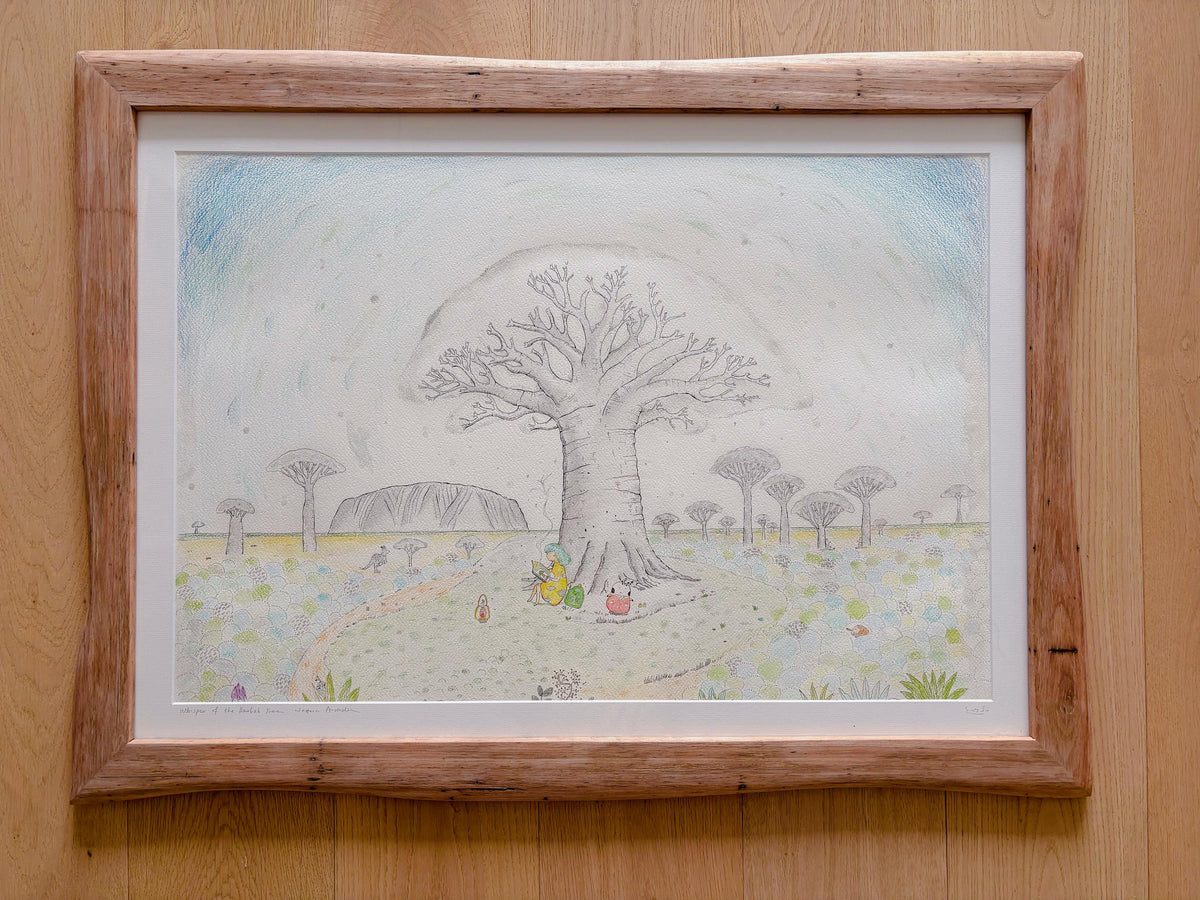 Whispers of the Baobab Tree – Original Watercolor Illustration | Uluru Landscape with Little Girl & Dimbao | Framed Nature Artwork