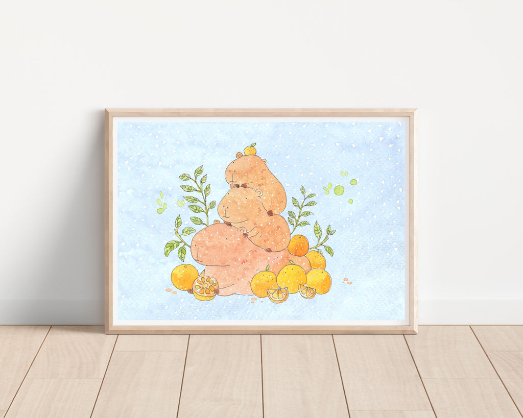 Cozy Capybara Pile-Up Art Print | Nursery Decor