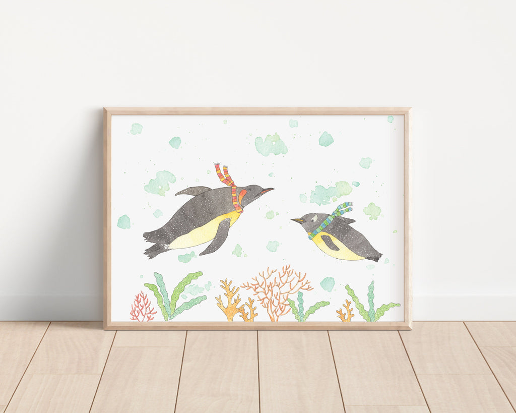 Penguins swimming Art Print | Nursery Decor