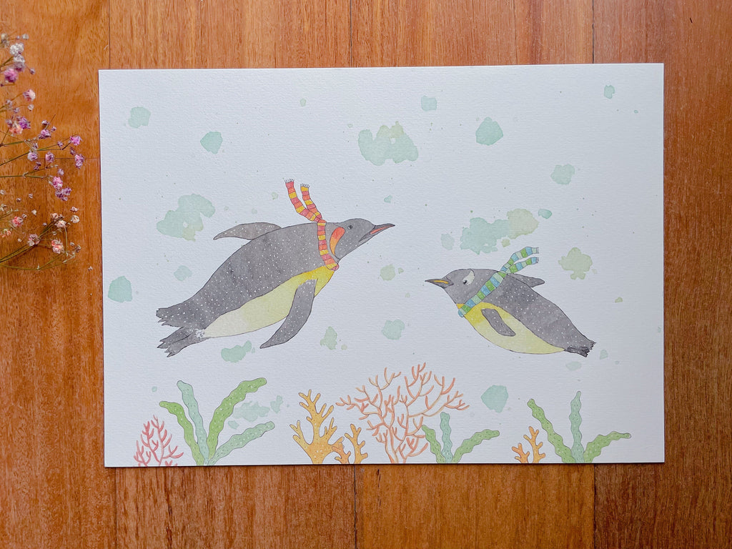 Penguins swimming Art Print | Nursery Decor