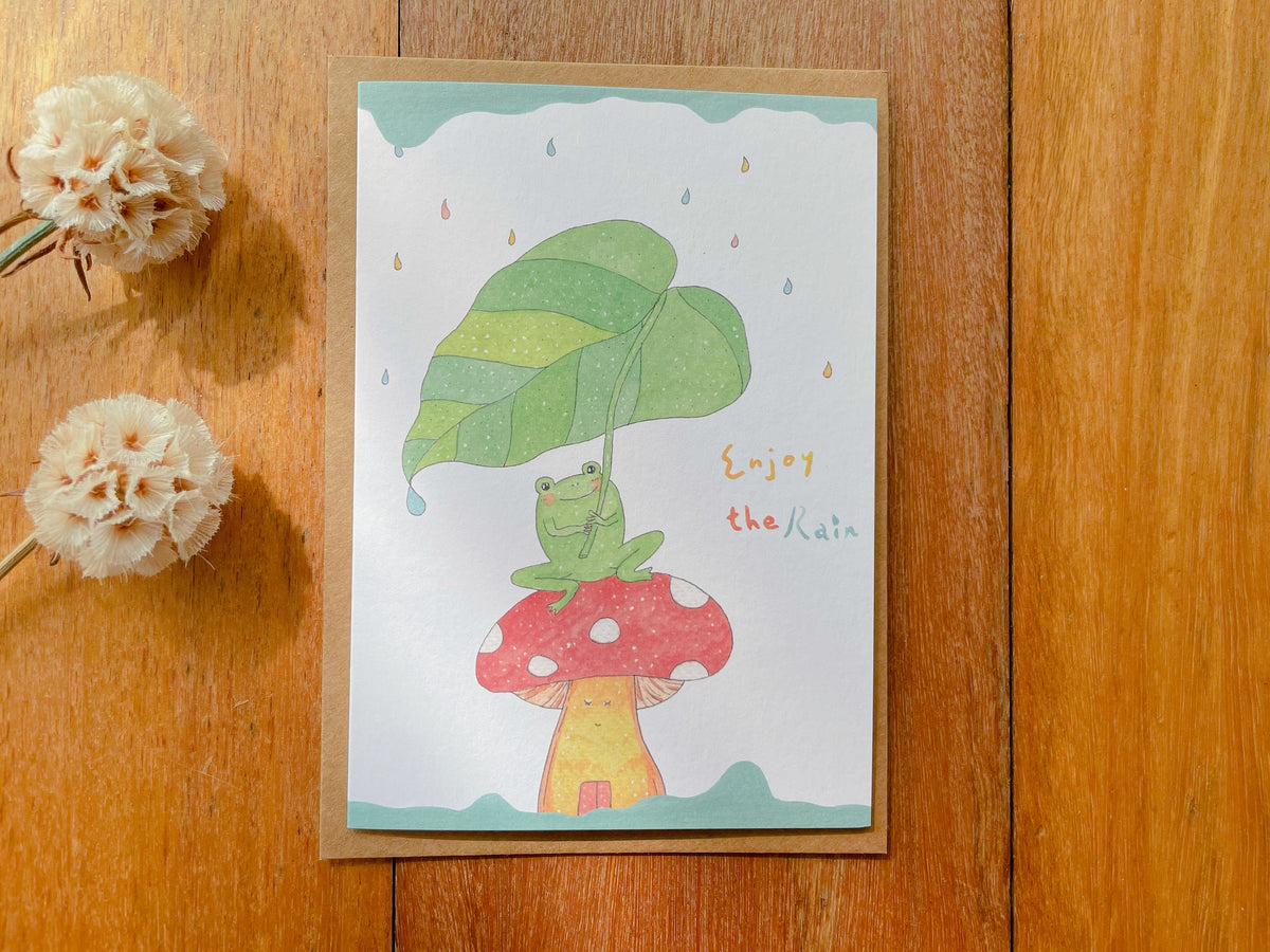Frog enjoys the rain Greeting Card | Art Cards