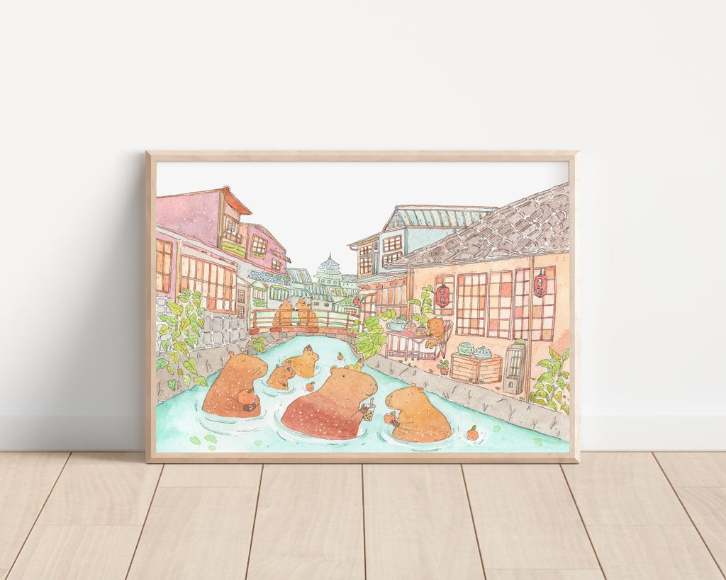 Tea Time in Capybara Town Art Print | Nursery Decor