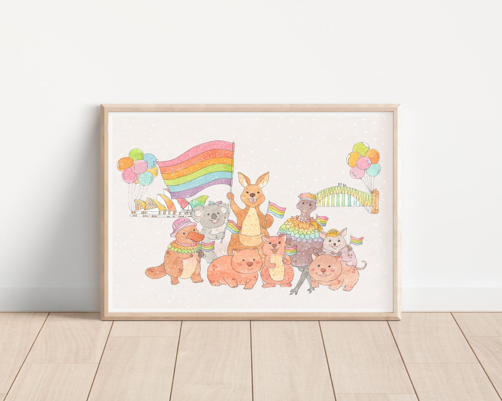 Australian Animal Pride Art Print – Watercolor Rainbow Illustration, Nursery Decor
