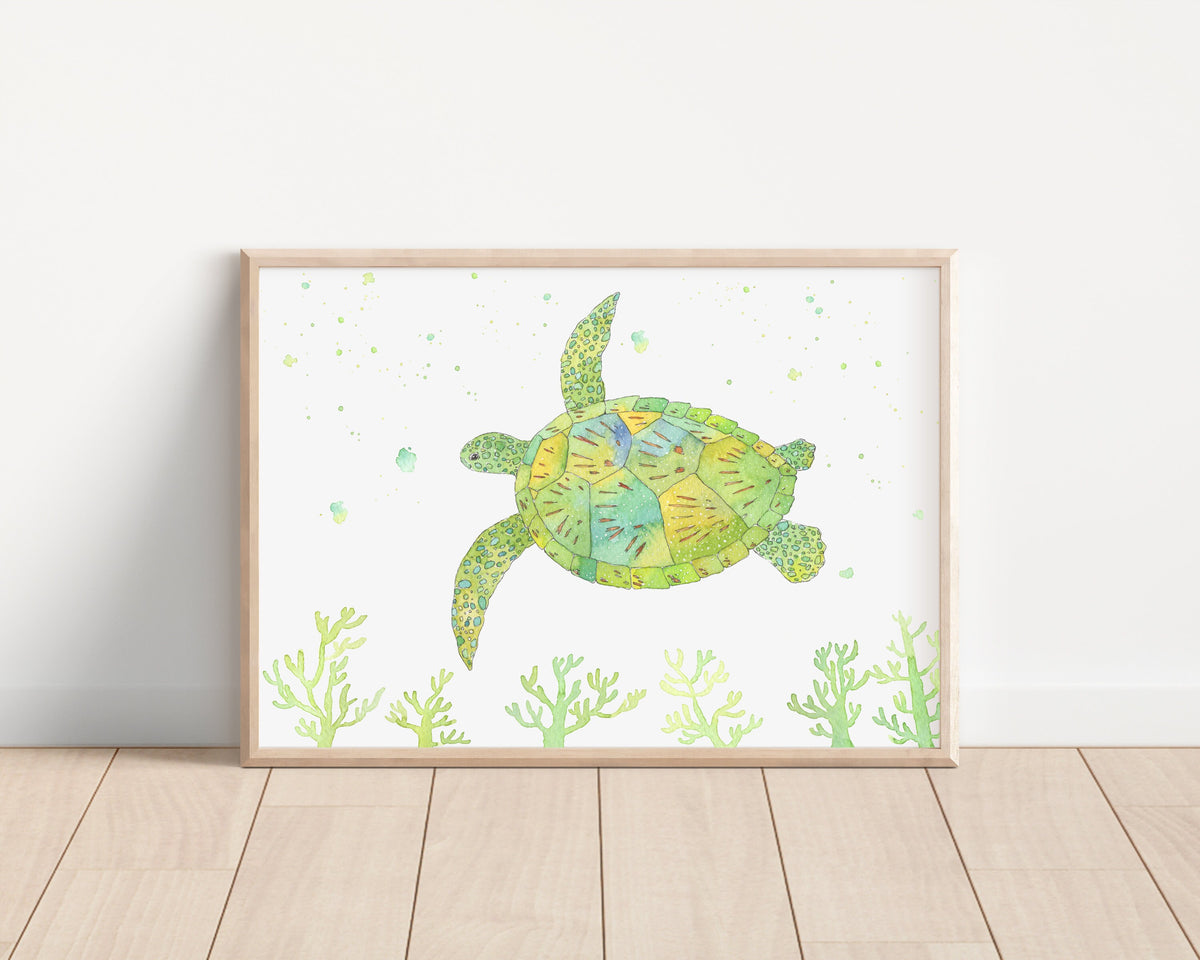 Green Sea Turtle Watercolor Art Print | Nursery Decor