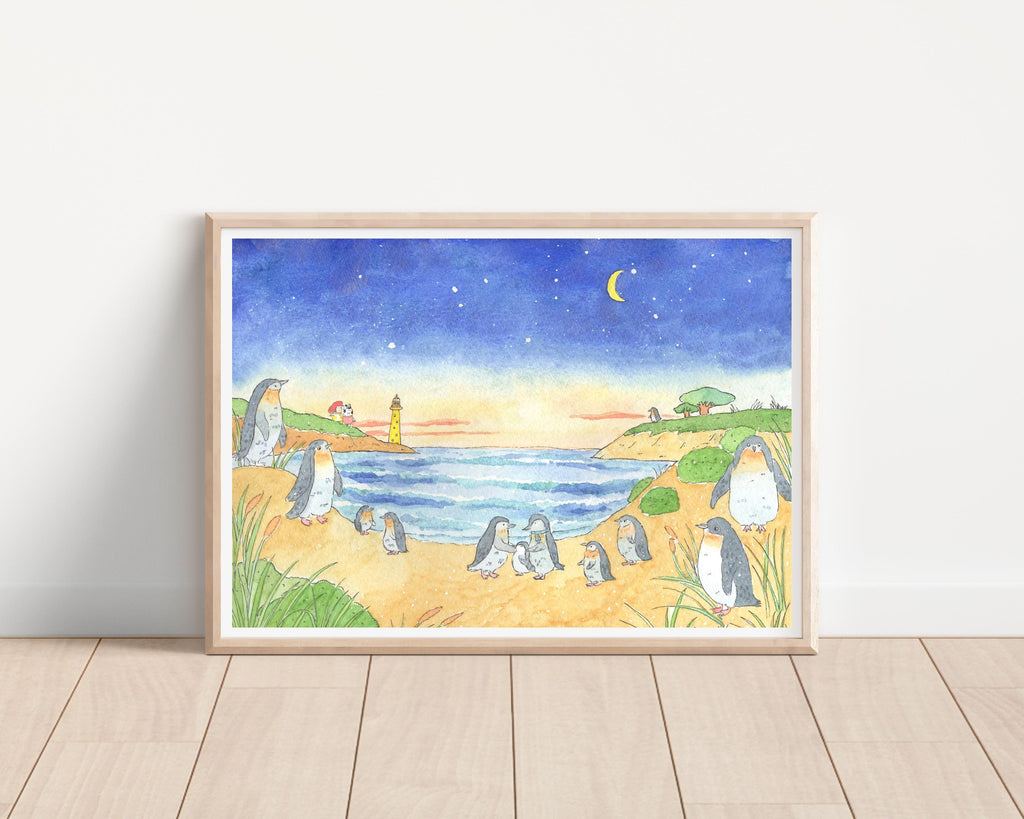 Penguin Parade at Phillip Island | Watercolor Art Print / watercolour / Geenery Scene/ wall art