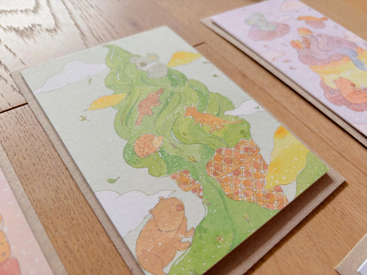 Sweet Dessert Animal Greeting Cards – Cute Koala & Capybara Illustration / Pastel Watercolor Card / Kawaii Gift / Set or Single Card