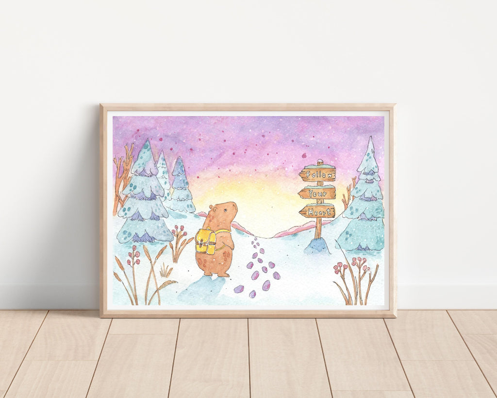 Follow Your Heart | Capybara Winter Journey / Watercolor Art Print | Watercolor Art Print / Capybara Art /  watercolour / wall art