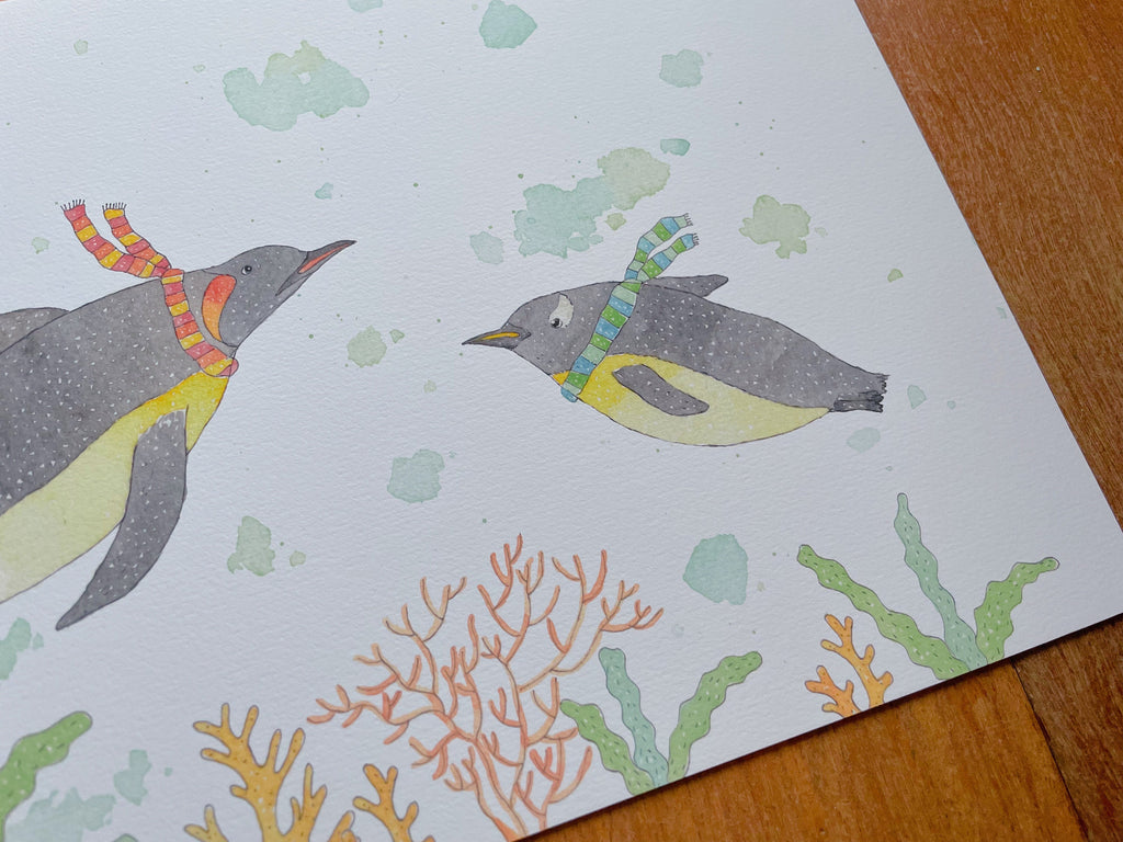 Penguins swimming Art Print | Nursery Decor