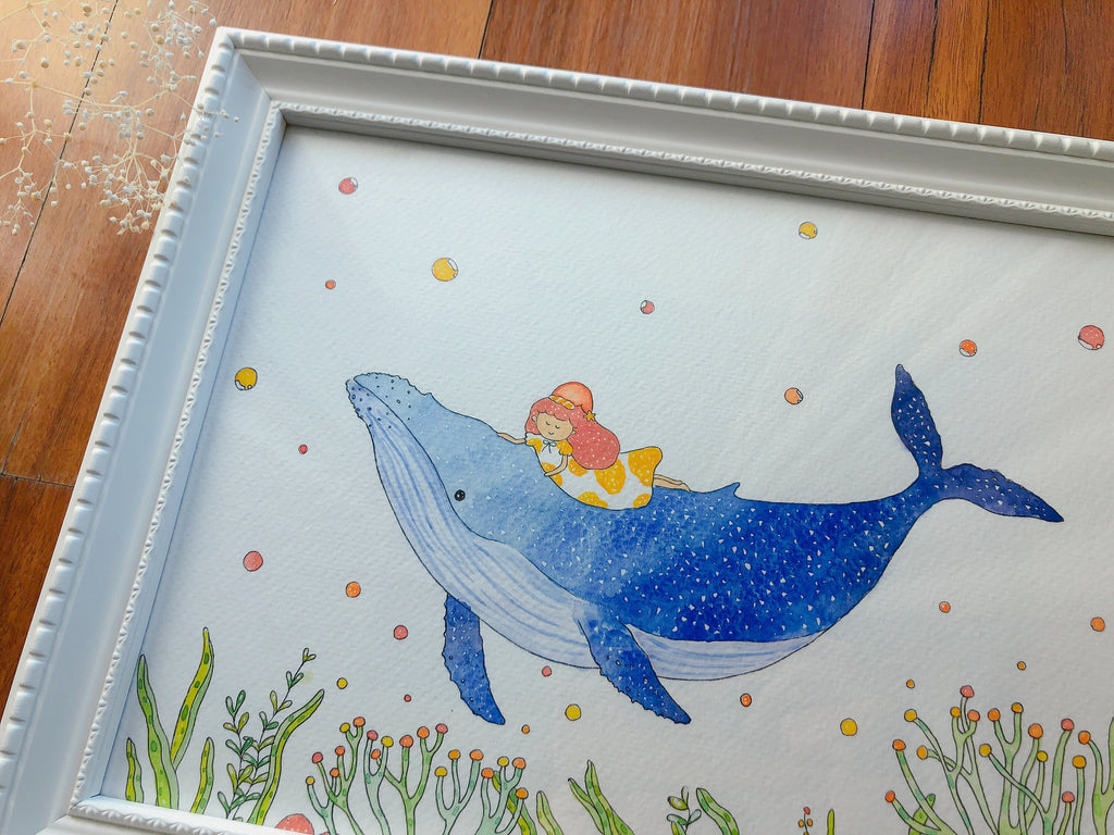 Humpback whale and little girl Art Print | Nursery Decor