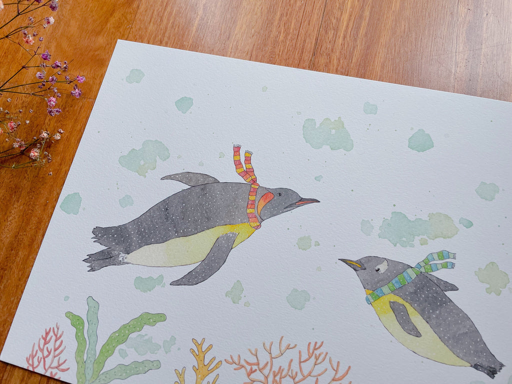 Penguins swimming Art Print | Nursery Decor