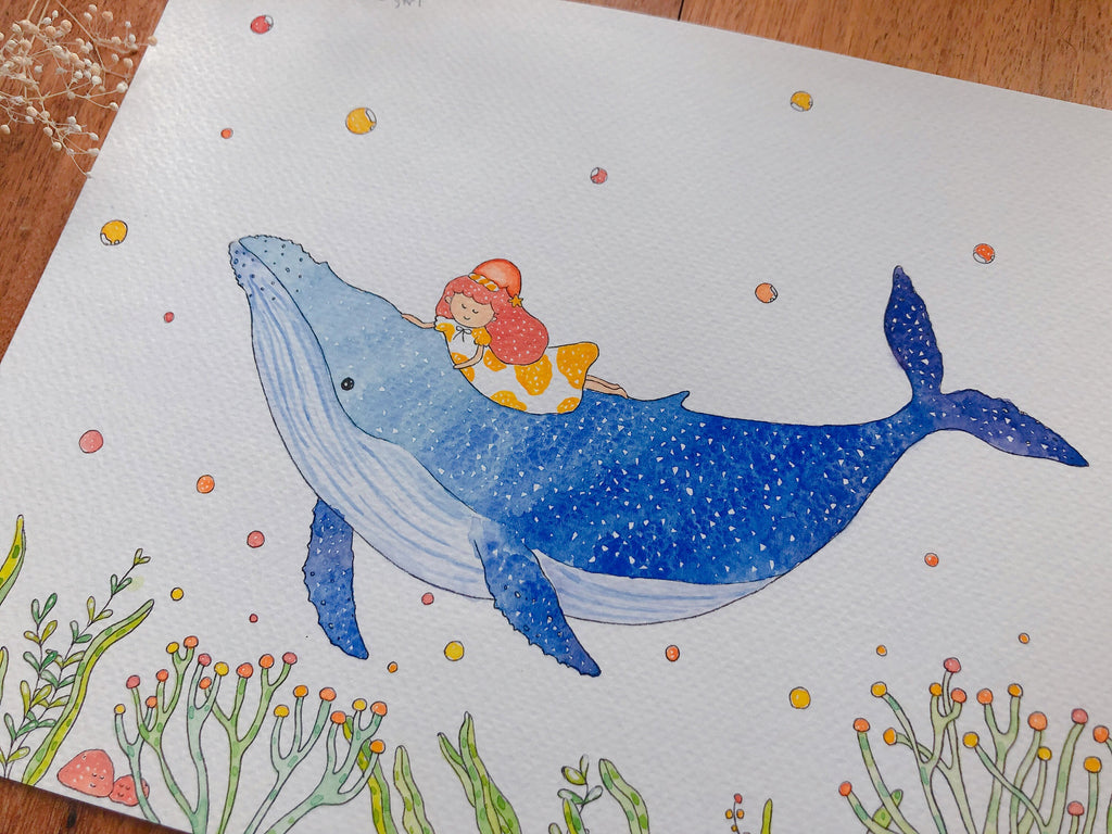 Humpback whale and little girl Art Print | Nursery Decor