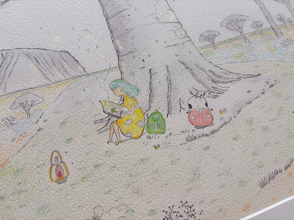 Whispers of the Baobab Tree – Original Watercolor Illustration | Uluru Landscape with Little Girl & Dimbao | Framed Nature Artwork