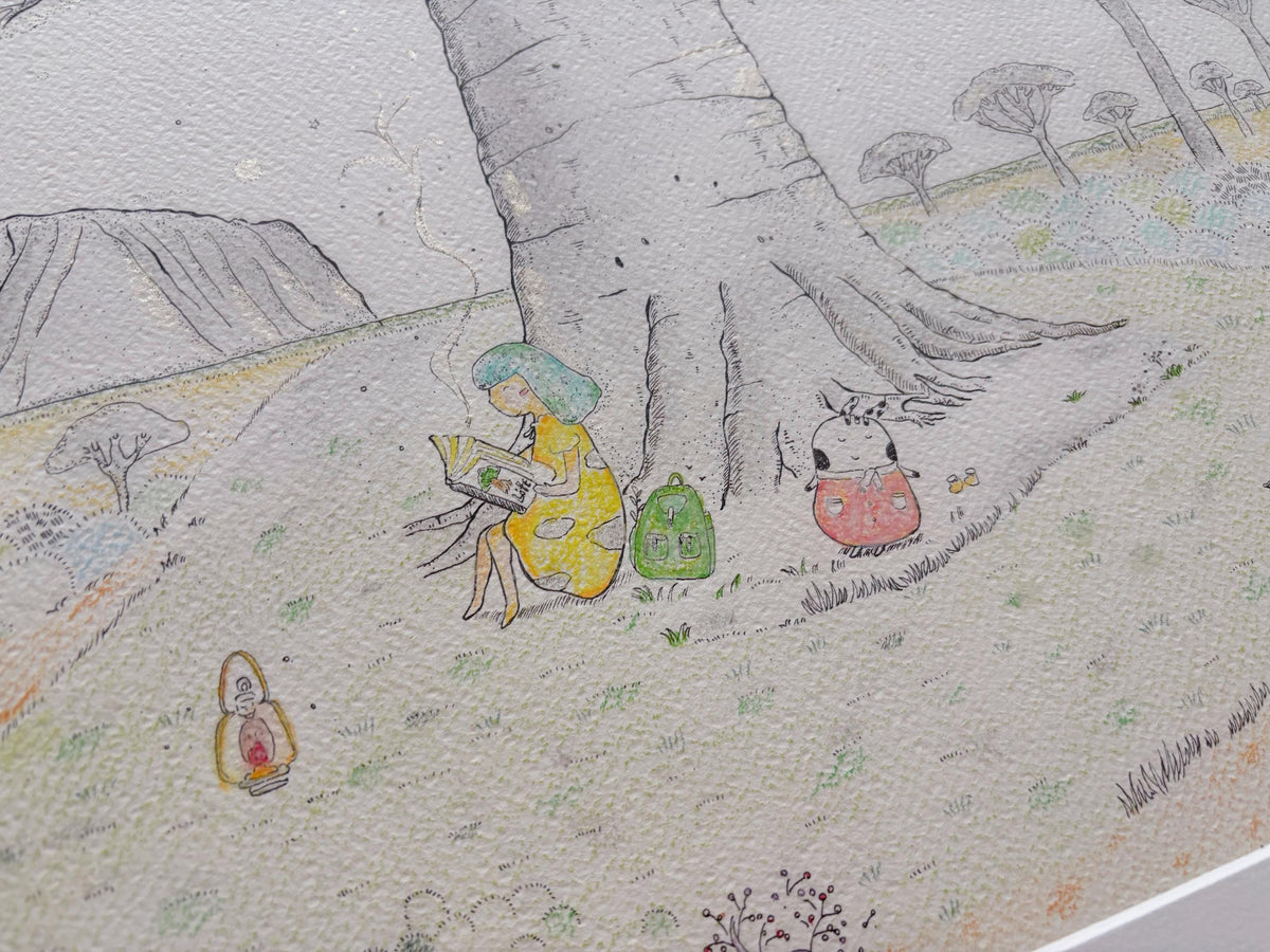 Whispers of the Baobab Tree – Original Watercolor Illustration | Uluru Landscape with Little Girl & Dimbao | Framed Nature Artwork