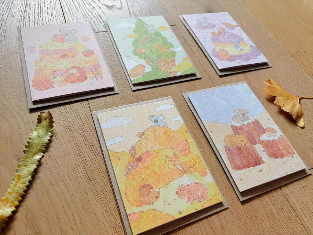Sweet Dessert Animal Greeting Cards – Cute Koala & Capybara Illustration / Pastel Watercolor Card / Kawaii Gift / Set or Single Card